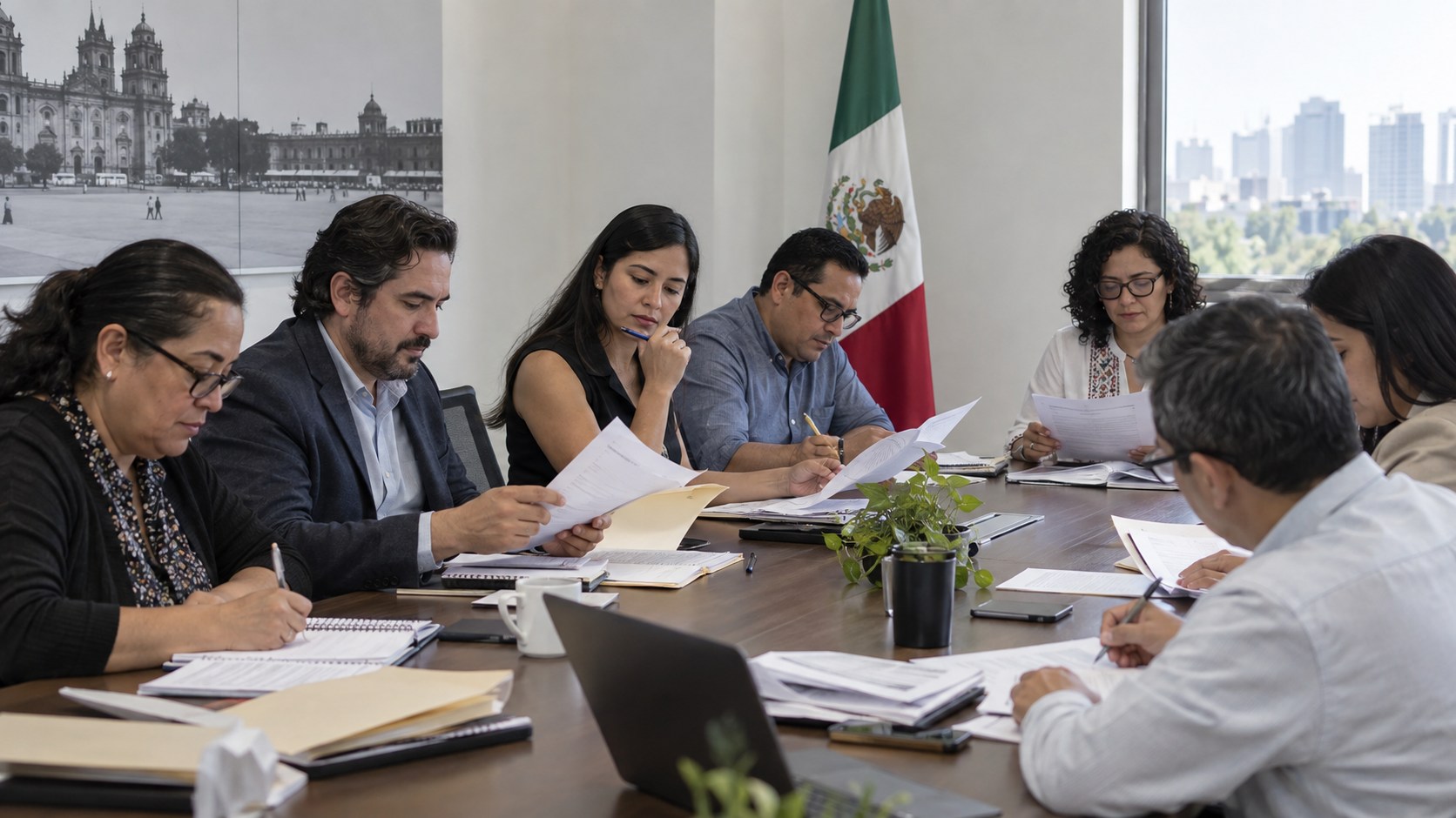 Ilustración editorial de personal electoral revisando mapas y documentos durante una sesión de trabajo