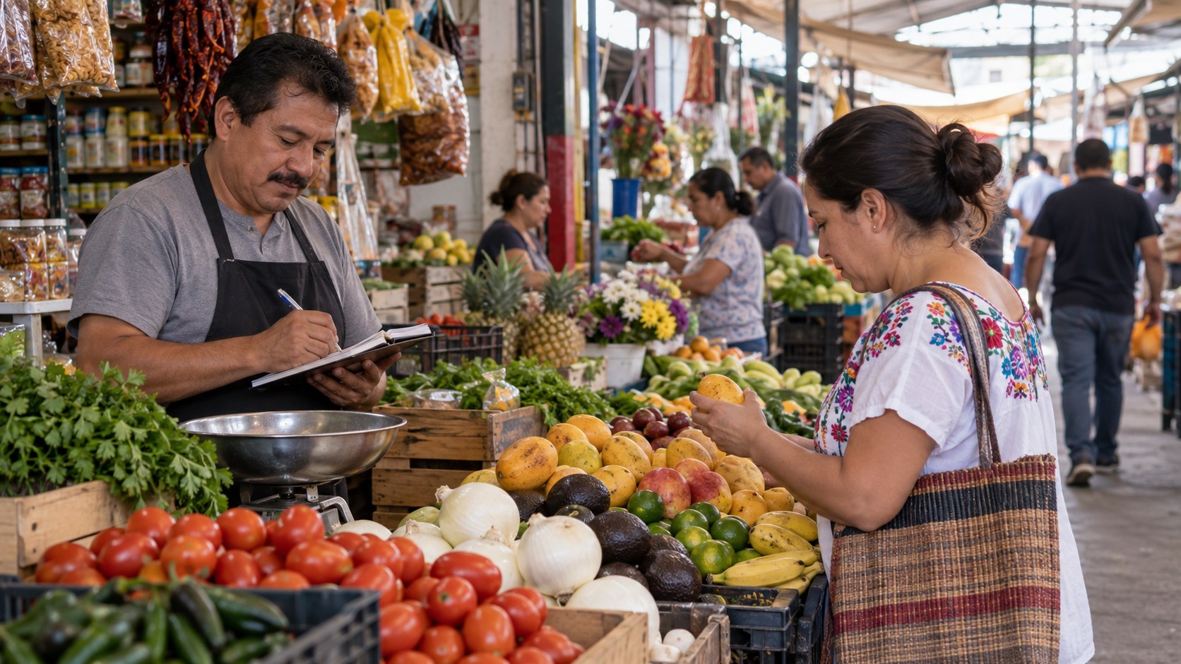 Ilustración editorial de comerciantes atendiendo clientes en un mercado mexicano