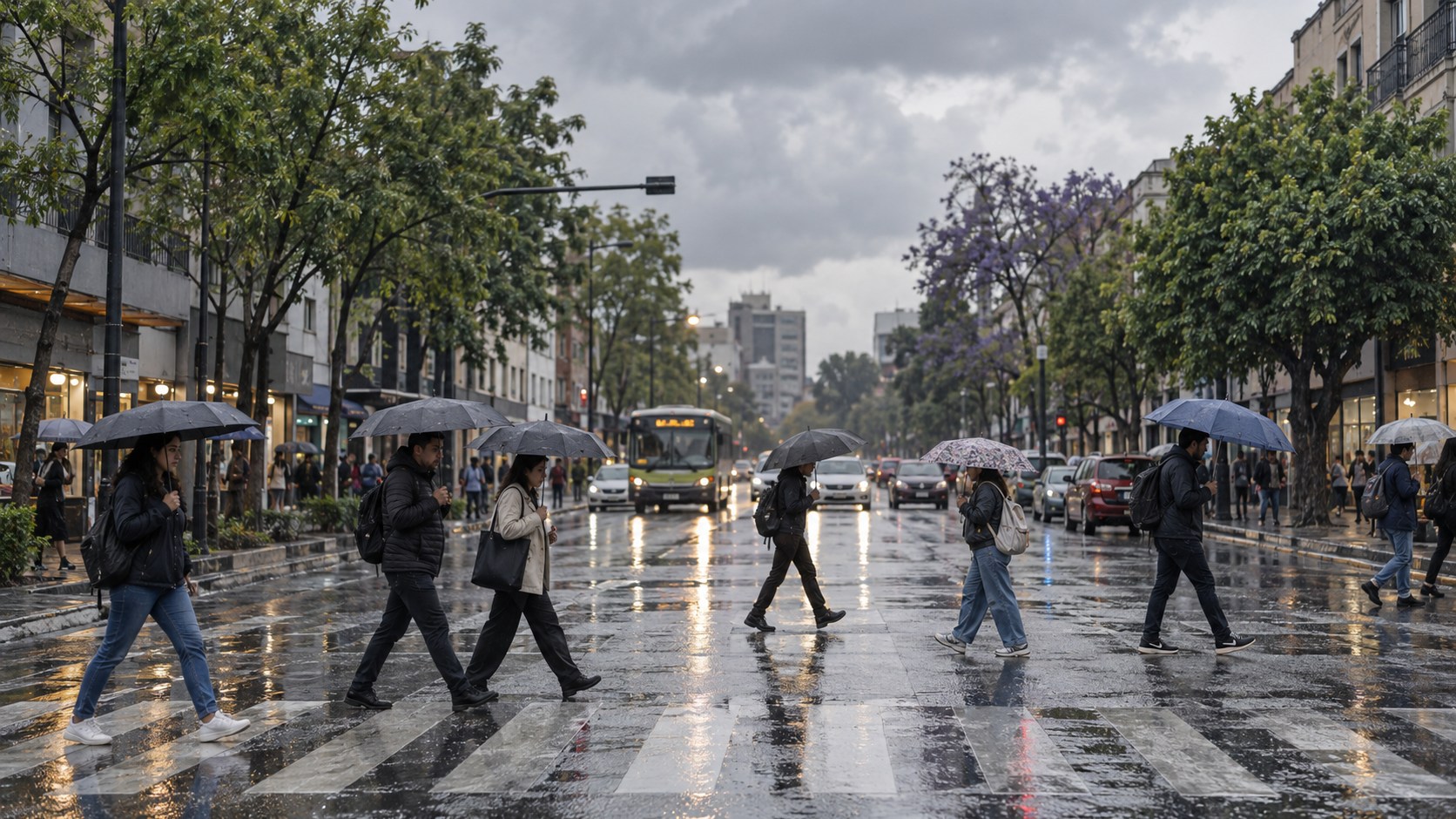 Ilustración editorial de peatones bajo la lluvia en una calle de Ciudad de México