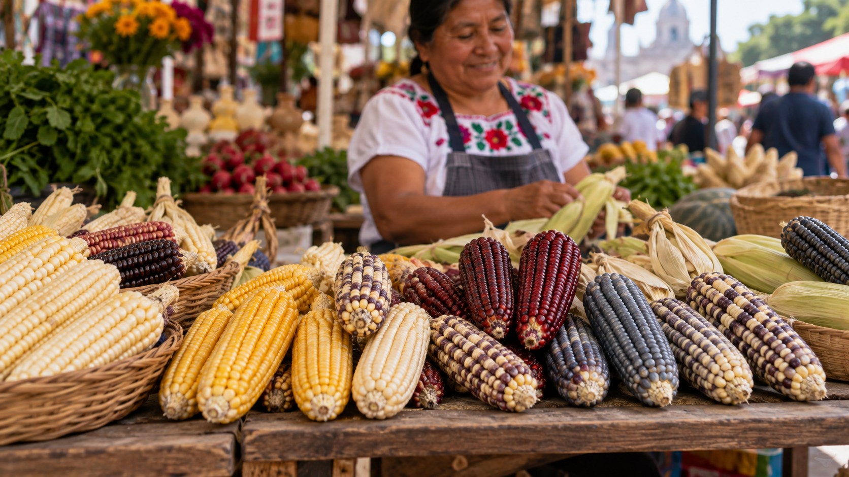 Ilustración editorial de mazorcas de maíz de varios colores exhibidas en un mercado