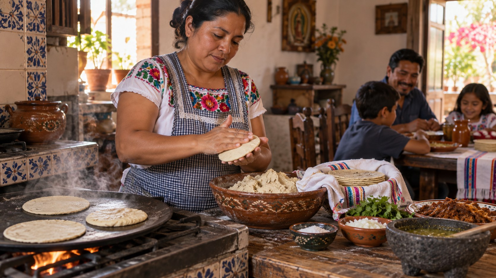 Ilustración editorial de una cocinera formando tortillas de maíz junto a un comal