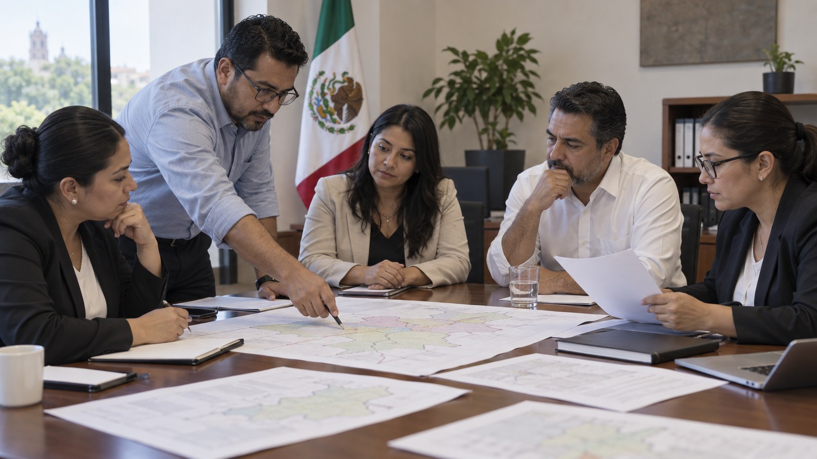 Ilustración editorial de consejeros electorales revisando mapas y documentos en una mesa