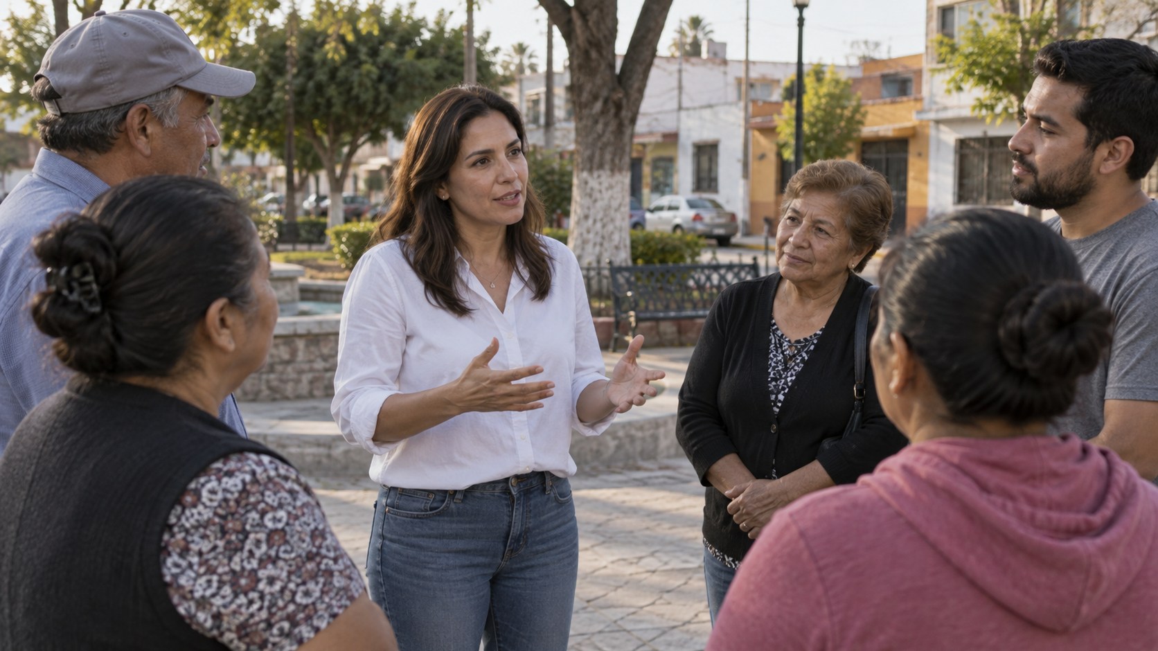 Ilustración editorial de una aspirante conversando con vecinos en una plaza pública