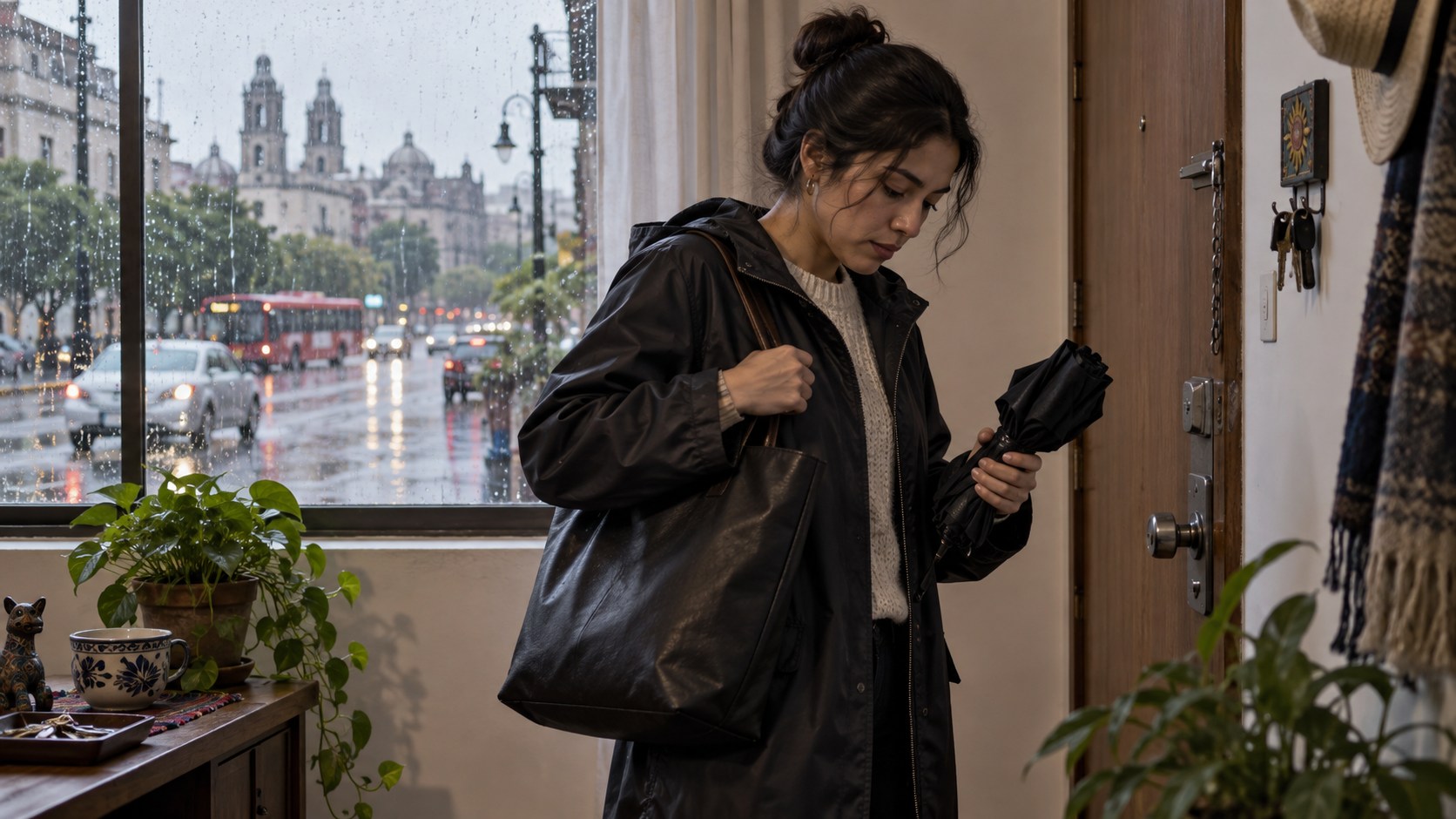 Ilustración editorial de una mujer alistando su paraguas antes de salir, con lluvia visible en la ciudad