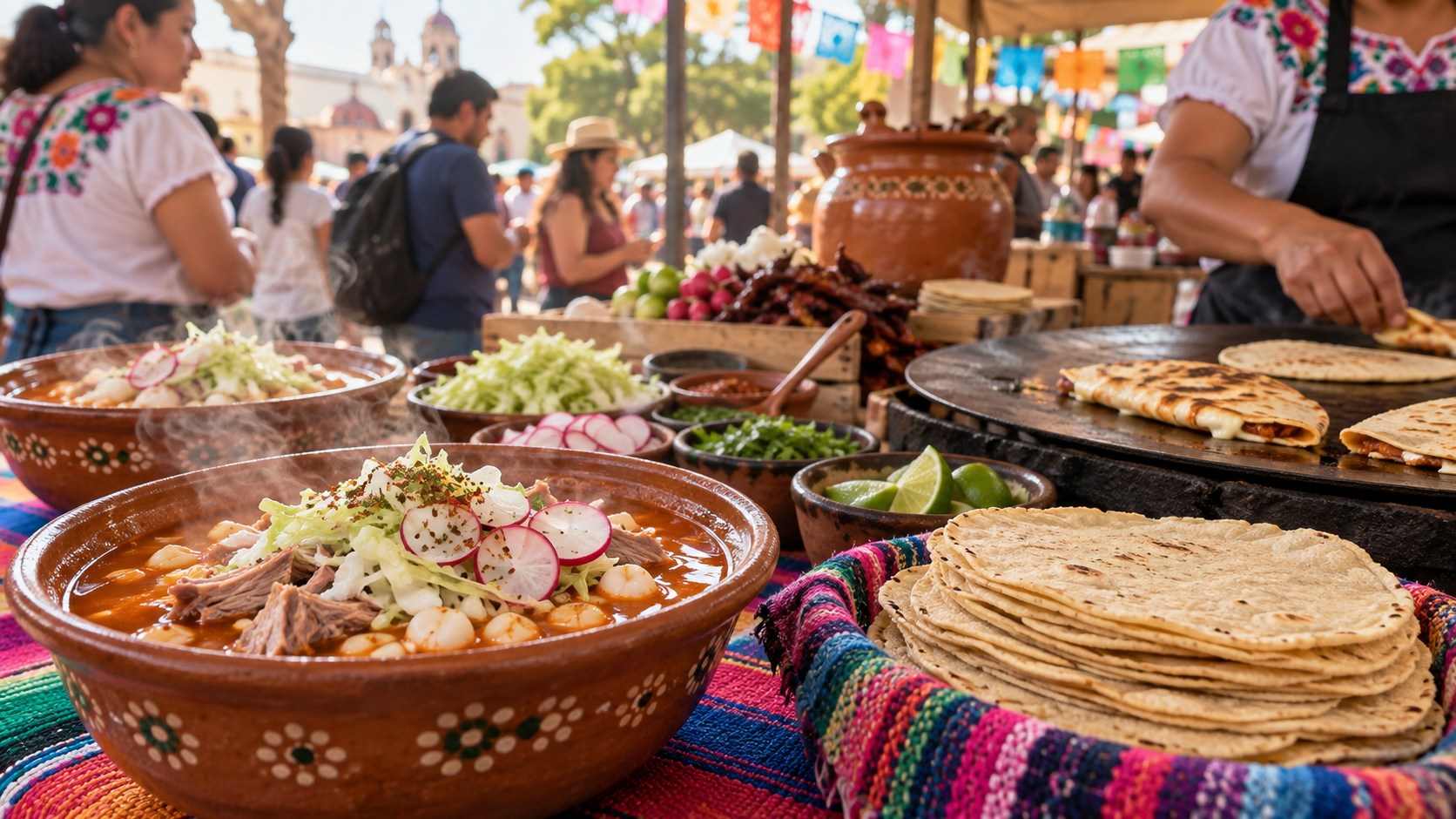 Ilustración editorial de pozole, tortillas y quesadillas en una feria gastronómica