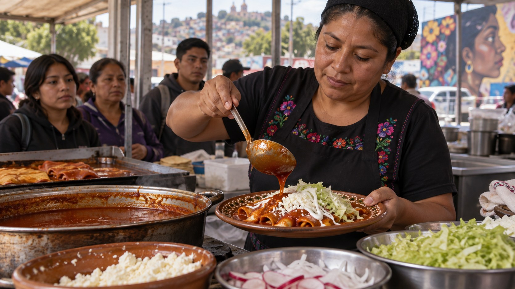 Ilustración editorial de una cocinera sirviendo enchiladas con salsa y acompañamientos