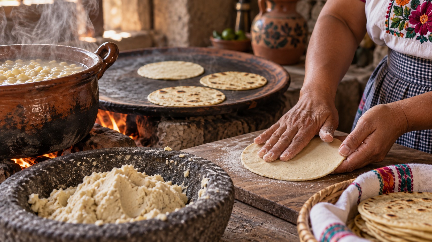 Ilustración editorial de manos moldeando una tortilla de masa junto a un comal