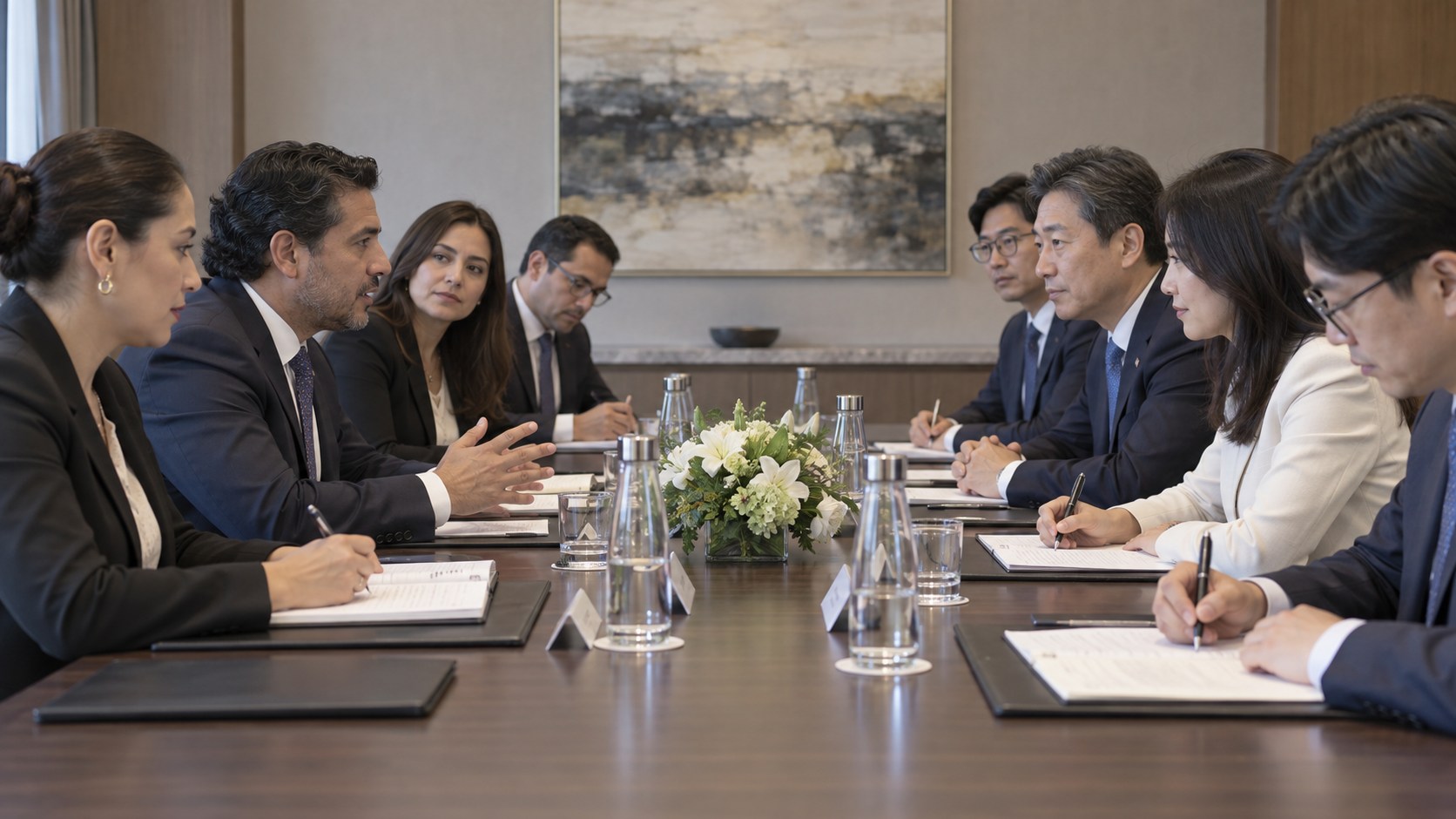 Ilustración editorial de representantes de México y Corea del Sur en una mesa de diálogo económico