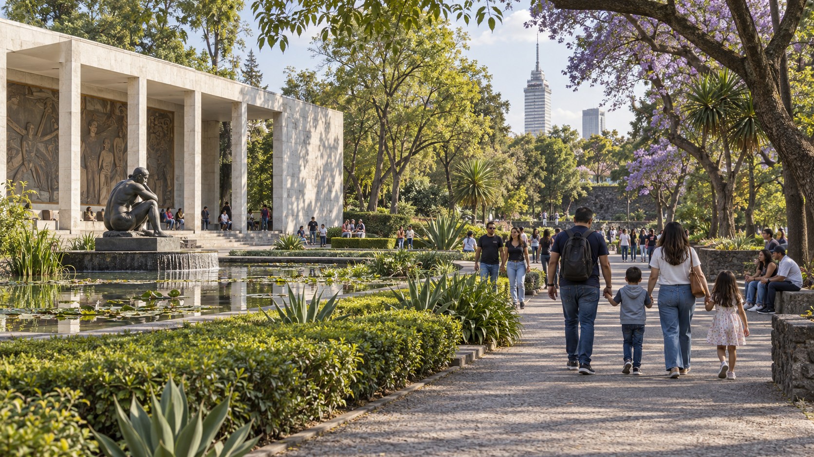 Ilustración editorial de visitantes caminando por jardines y pabellones de un complejo cultural
