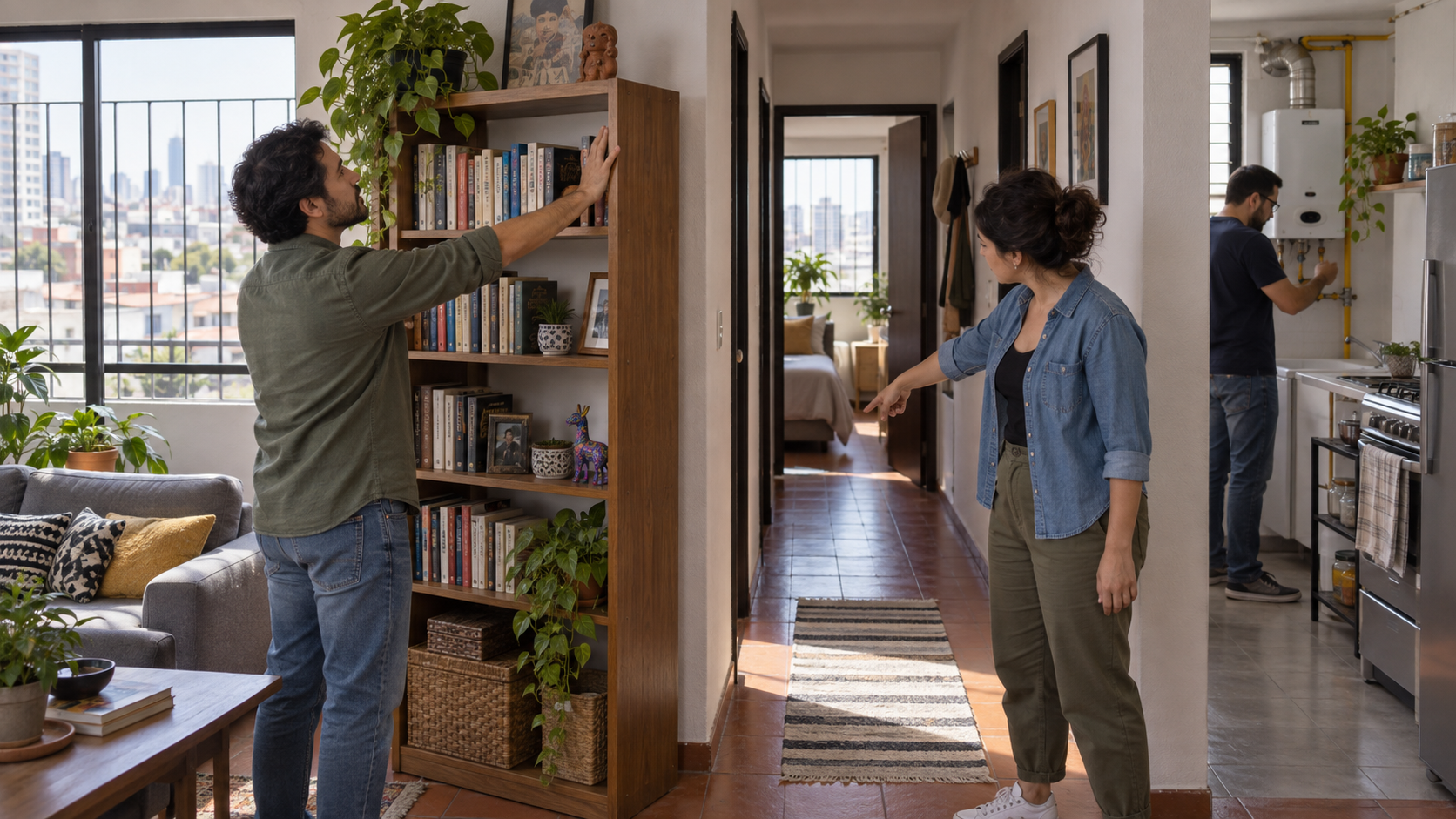 Una persona fija una repisa mientras otra comprueba que el pasillo de su vivienda esté despejado.