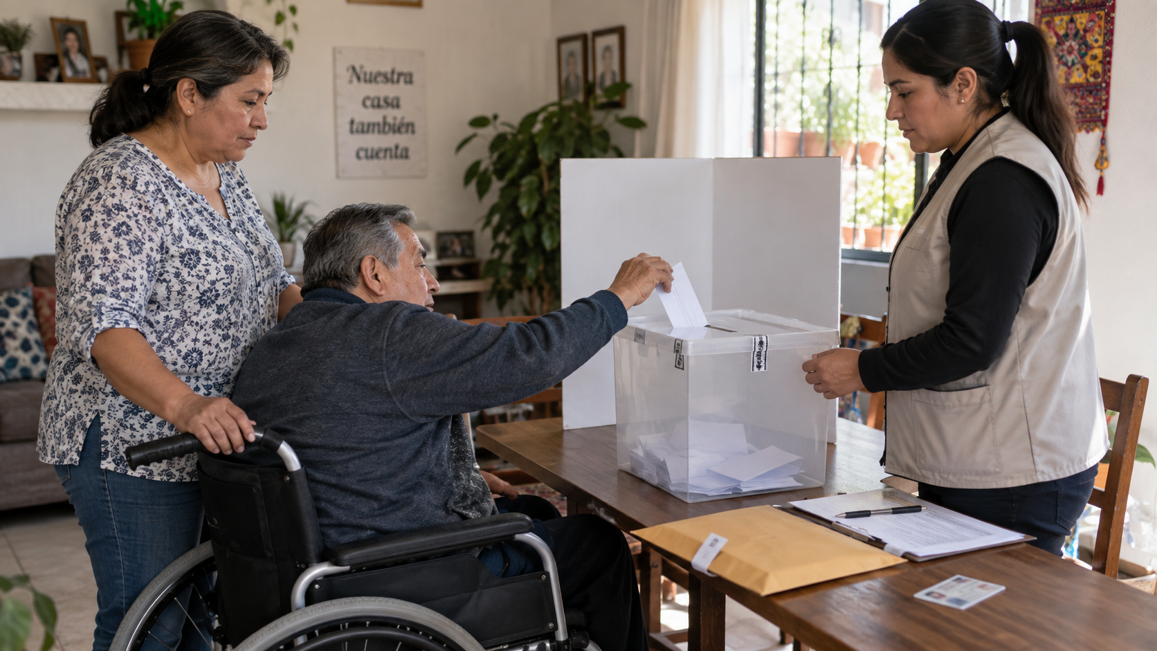 Persona deposita una boleta en un sobre durante una jornada de voto anticipado simulada; ilustración conceptual.
