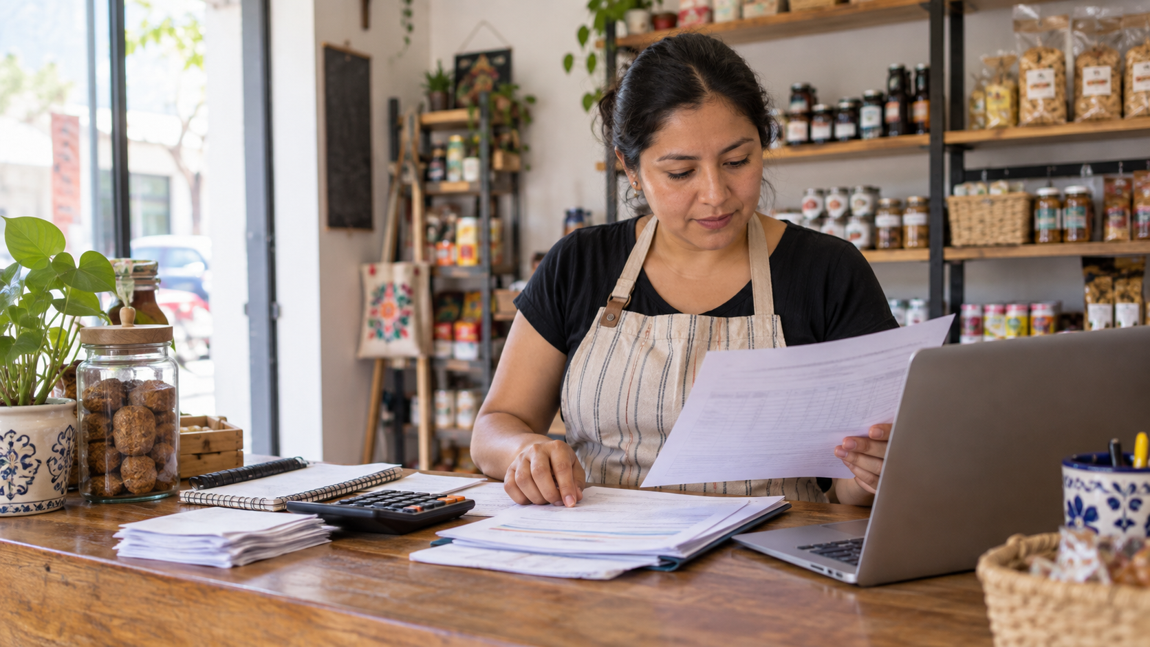 Dueña de una pequeña empresa revisa en una libreta los cobros y pagos de las próximas semanas.
