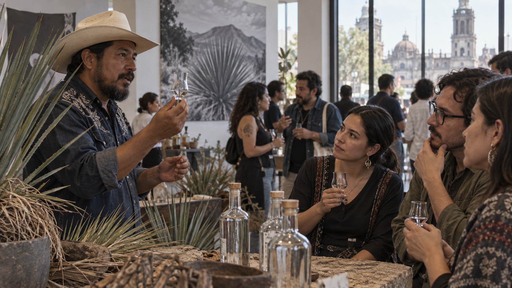 Productora explica una muestra de sotol ante visitantes durante una cata en un foro comunitario.