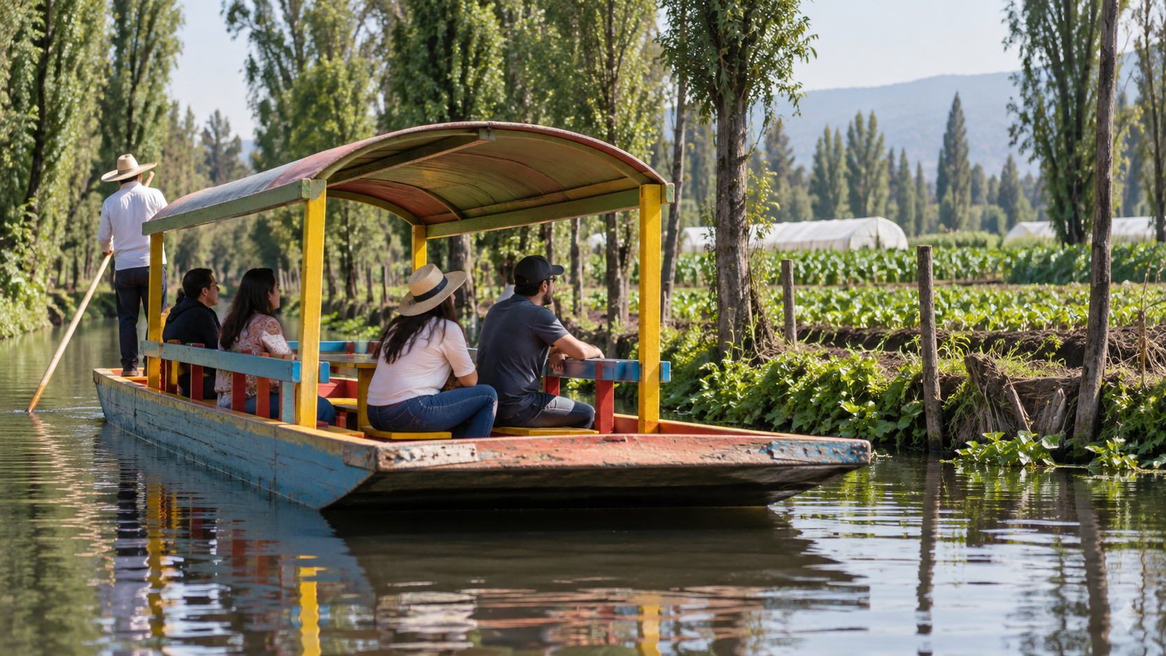 Trajinera avanza por un canal de Xochimilco junto a vegetación y parcelas chinamperas.